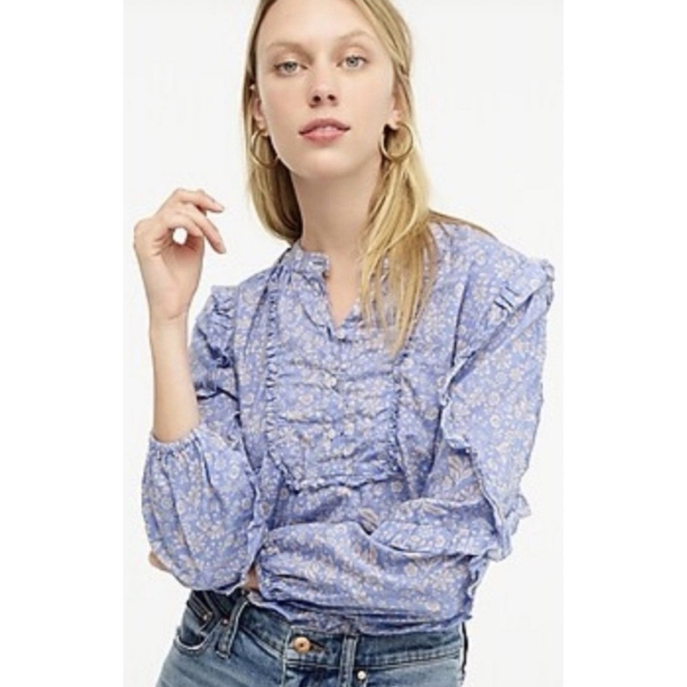 J CREW $80 Floral‎ Ruffle Trim Purple Peasant Top Boho Cottagecore Size L